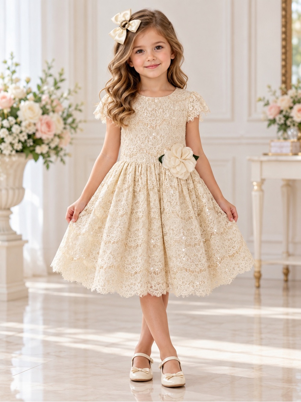 Rare Editions Girls 6 Ivory Lace Sequin Dress + Hair Bow